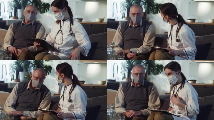 医生打电话。快乐的70岁高龄病人在家戴口罩向年轻的女护士描述症状。