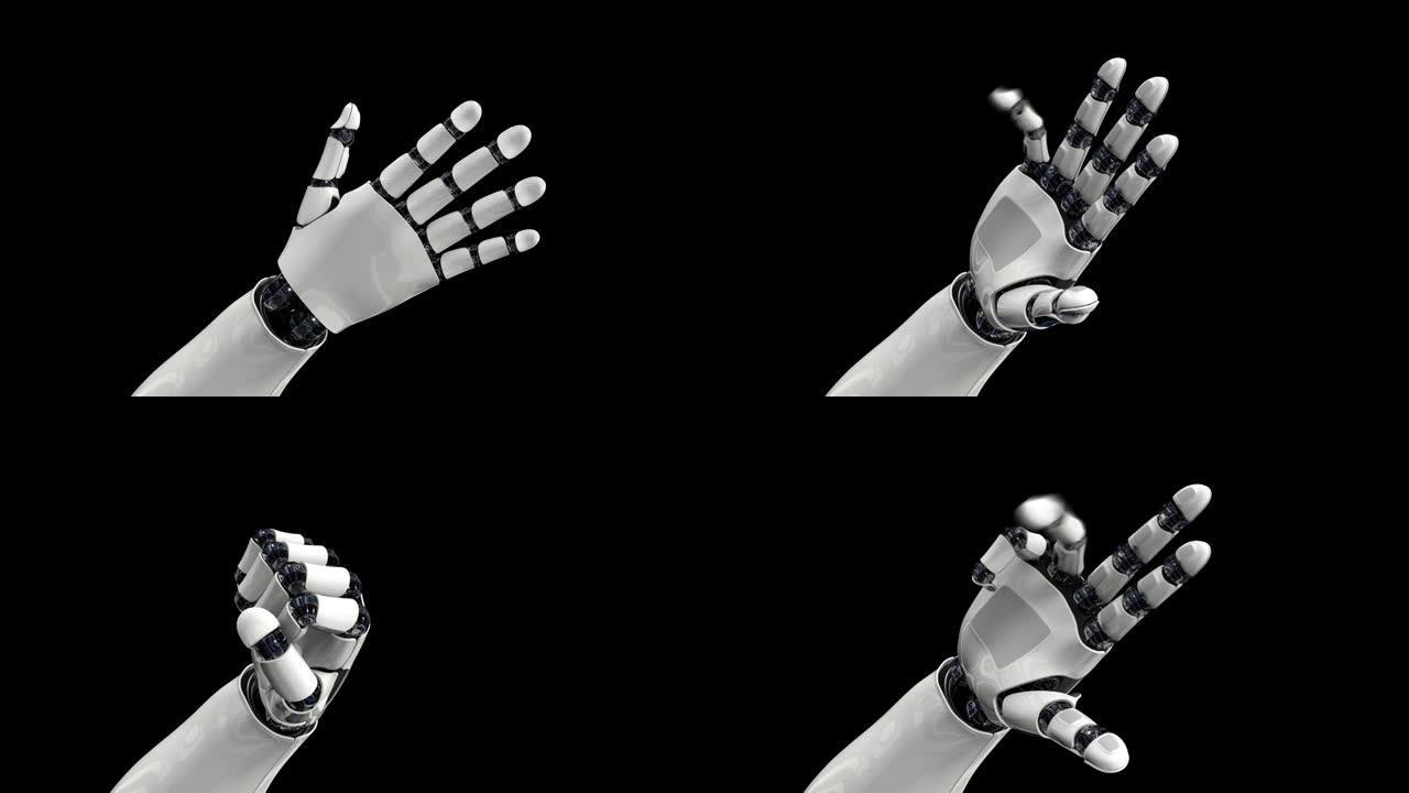 人工智能。机械臂做出不同的动作。相机慢慢缩小。在黑色背景上。4K. 3D动画。