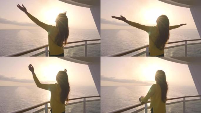 在私人阳台甲板上，游轮豪华旅行女人对日落感到兴奋。