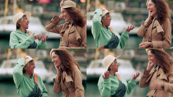 微笑，风和女游客在圣保罗度假时戴着帽子在港口。来自巴西的女人和母亲在度假时交谈。快乐，微笑和交谈，妈