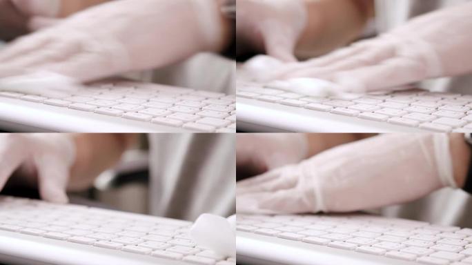 特写亚洲男子使用消毒湿巾清洁笔记本电脑清洁和抗菌冠状病毒或新型冠状病毒肺炎问题在家里的客厅，同时检疫