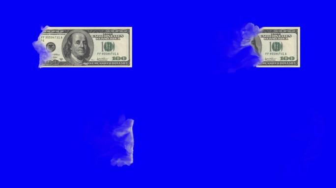 一百美元钞票消失在蓝屏上，色键动画，美国货币钞票，金融危机的概念，灾难，损失，衰退，失败，金融，税收