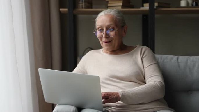 欣喜若狂的老年女性通过笔记本电脑屏幕庆祝在线彩票成功