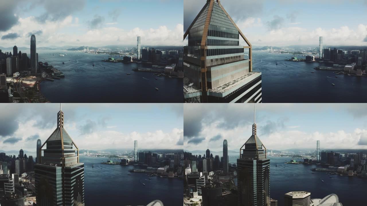 香港城市的鸟瞰图鸟瞰航拍蓝天白云