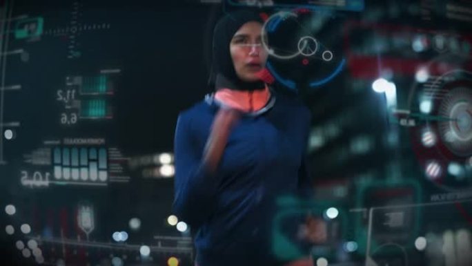 阿拉伯体育女性在头巾中的电影拍摄，使用最新的创新技术增强现实全息图在夜间在市中心慢跑。运动概念、沉浸