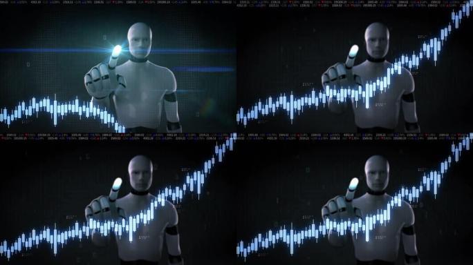 机器人触摸股市图表。增加线。人工智能。4千。