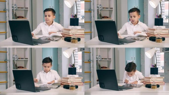 一个男孩在家时在网上上课时说话