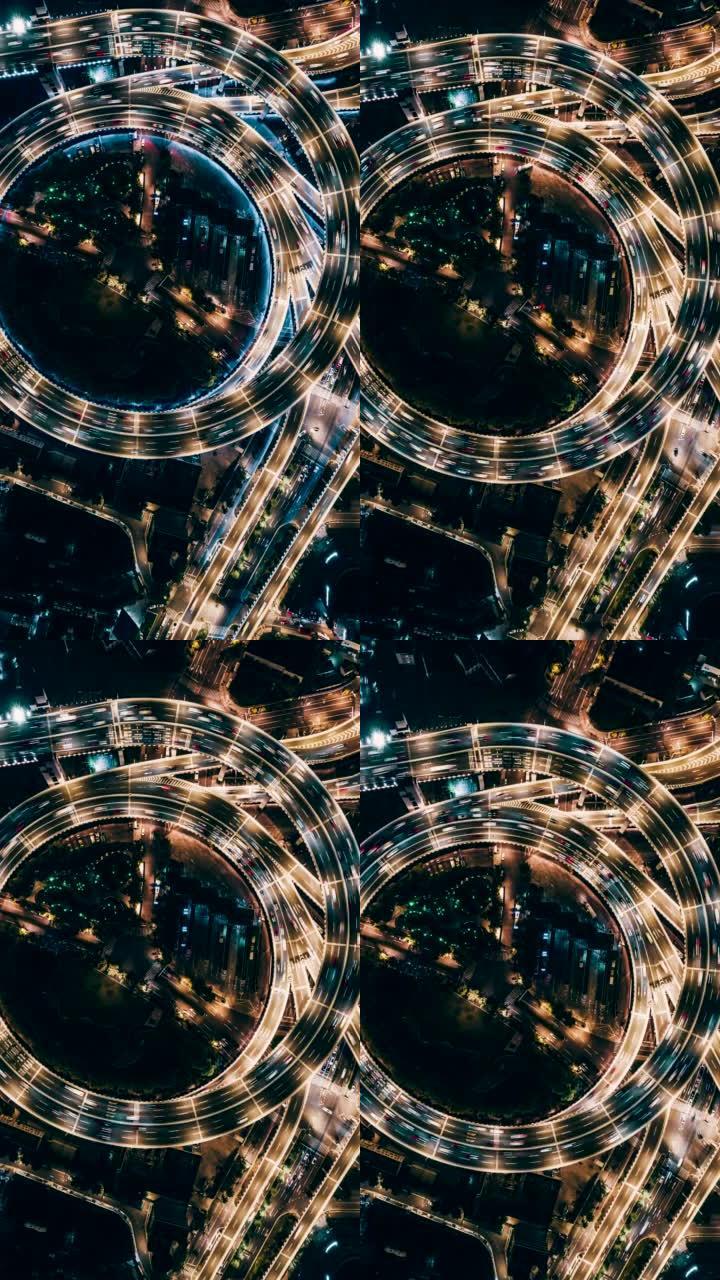 夜间立交桥与城市交通的T/L泛无人机视点
