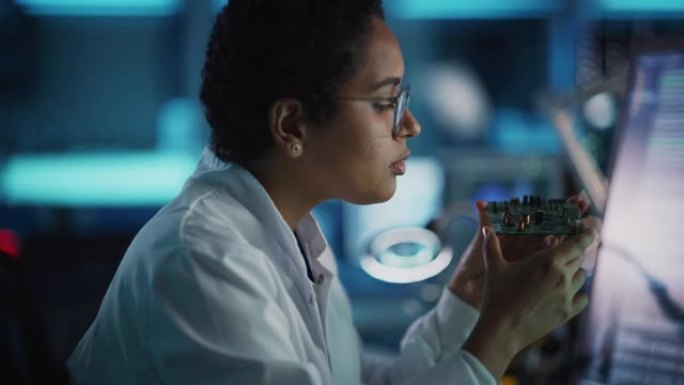 现代电子研发设施: 美丽的黑人女工程师检查印刷电路板主板。科学家设计工业PCB，硅微芯片，半导体