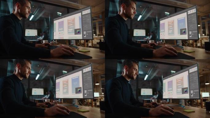 在创意办公环境中从事台式电脑工作的年轻英俊专家。Hipster Male正在开发数字图形编辑软件中的