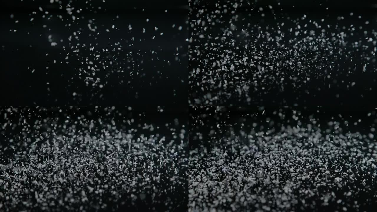 宏观，dop: 详细的特写镜头，拍摄了下雪的小椰子丝。