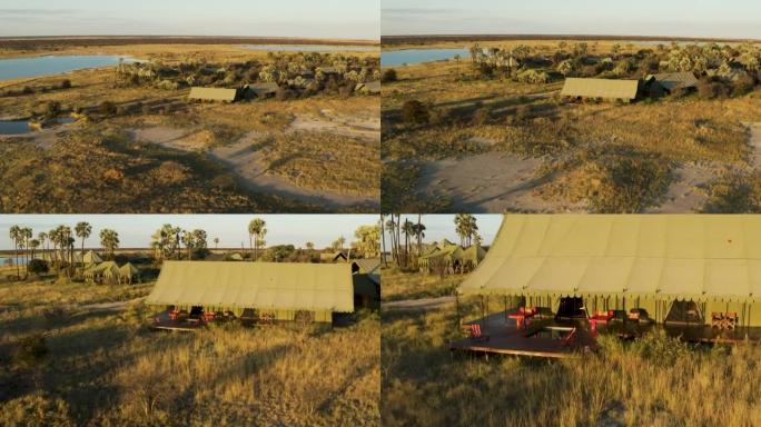 博茨瓦纳Makgadikgadi平底锅上的野生动物园小屋杰克营地带游泳池的私人帐篷的空中变焦