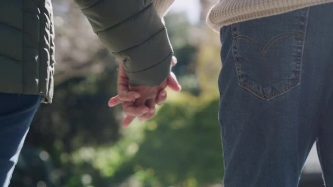 充满爱心，深情的一对夫妇牵着手，在外面阳光明媚的日子里在公园里浪漫散步。幸福婚姻中的夫妻的特写镜头在