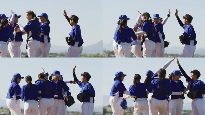 快乐的多元化女子棒球运动员团队在赛后庆祝，微笑和击掌