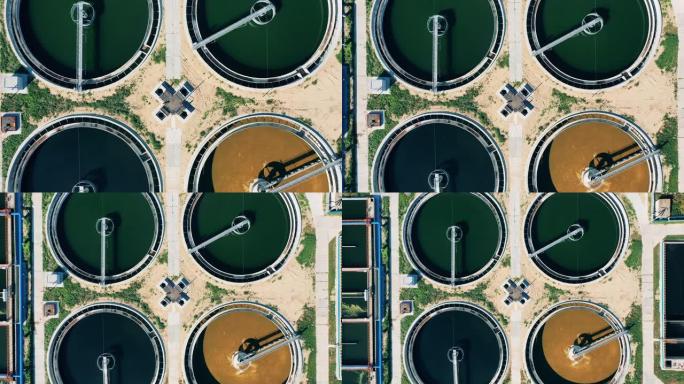 污水处理厂澄清池组的俯视图