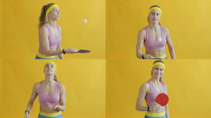 快乐女孩打乒乓球的肖像用球和火箭微笑着玩得开心
