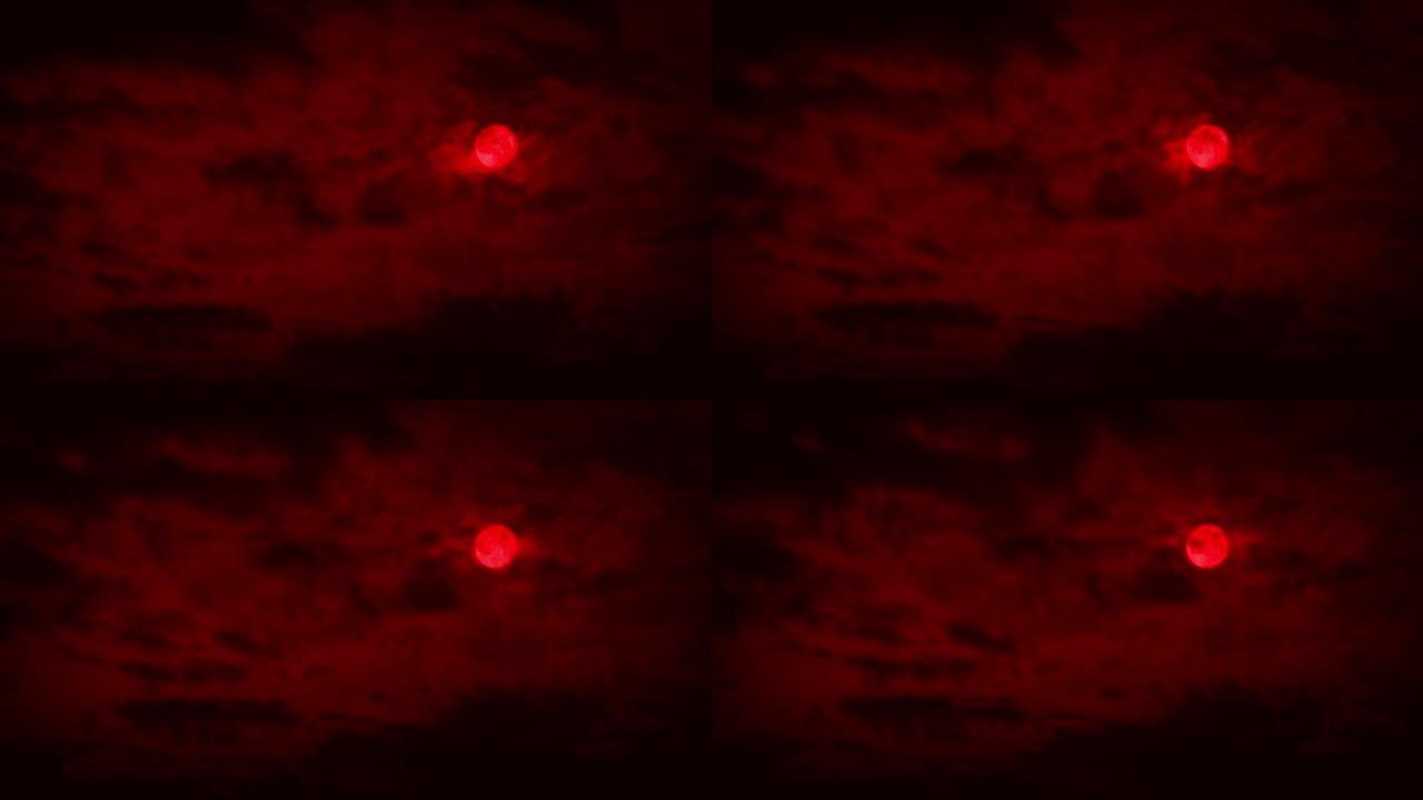 满月在可怕的红色天空中雷击