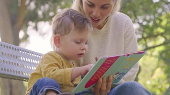 学习，讲故事和母婴阅读书，在公园里交谈和结合在一起，快乐而平静。教育，教学和儿童发展，父母和儿子都在