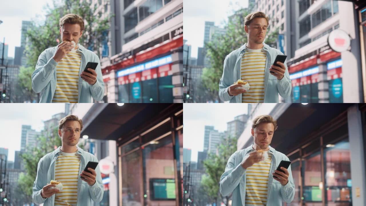 一个英俊的年轻人穿着便服，使用智能手机并在街上吃汉堡的肖像。大城市的经理与人们在线联系，消息传递和浏