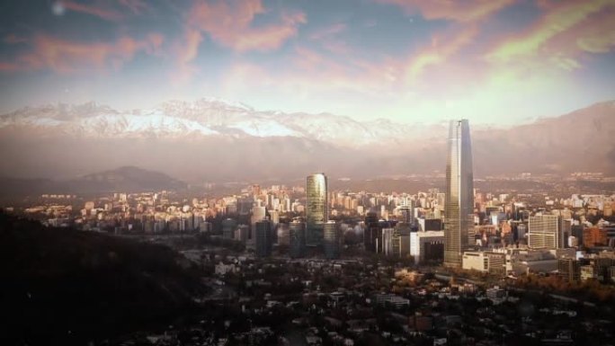 智利圣地亚哥，背景是安第斯山脉。漂浮在空气中的灰尘颗粒。