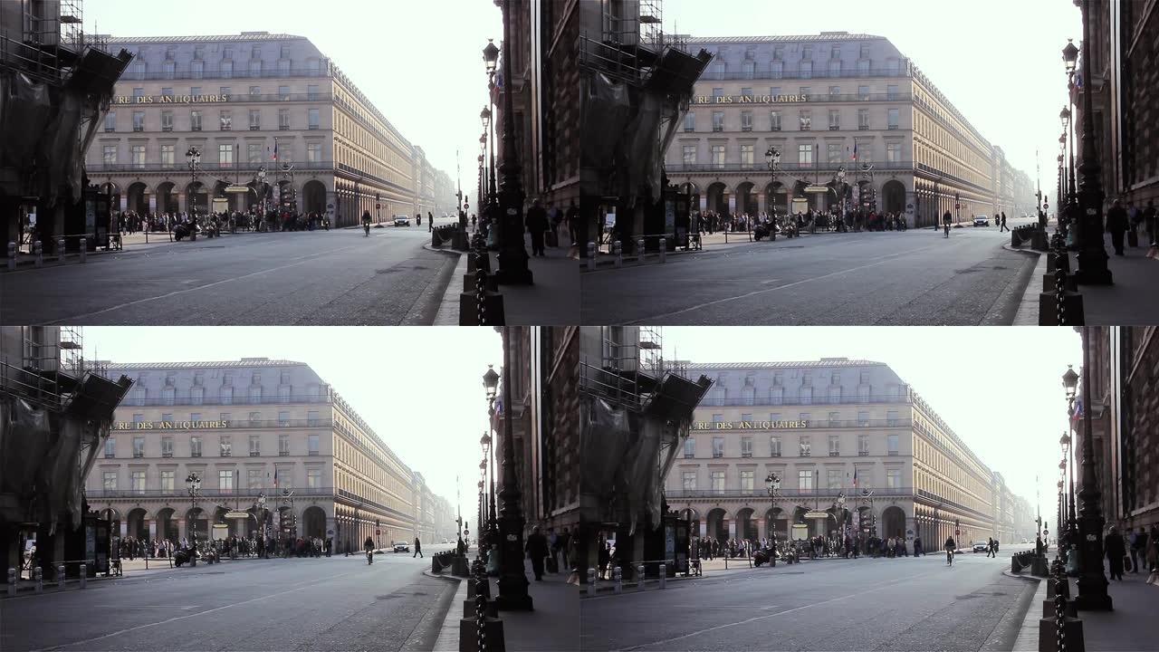 清晨在法国巴黎卢浮宫博物馆附近的一条街道上。4k分辨率。