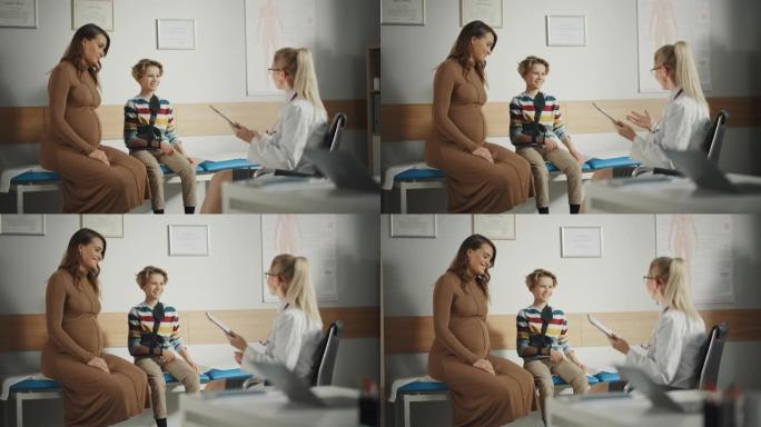 女家庭医生与年轻的怀孕妇女和她的十几岁的男孩断臂咨询期间在一个健康诊所。在医院办公室穿着白大褂的有经