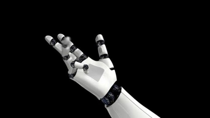人工智能。机械臂做出不同的动作。相机慢慢缩小。在黑色背景上。4K. 3D动画。