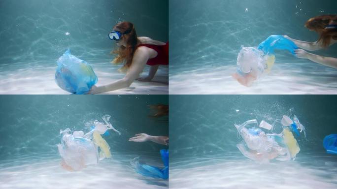 粗心的海洋塑料污染。年轻女子在水中慢动作下扔掉带有包装废物的垃圾袋