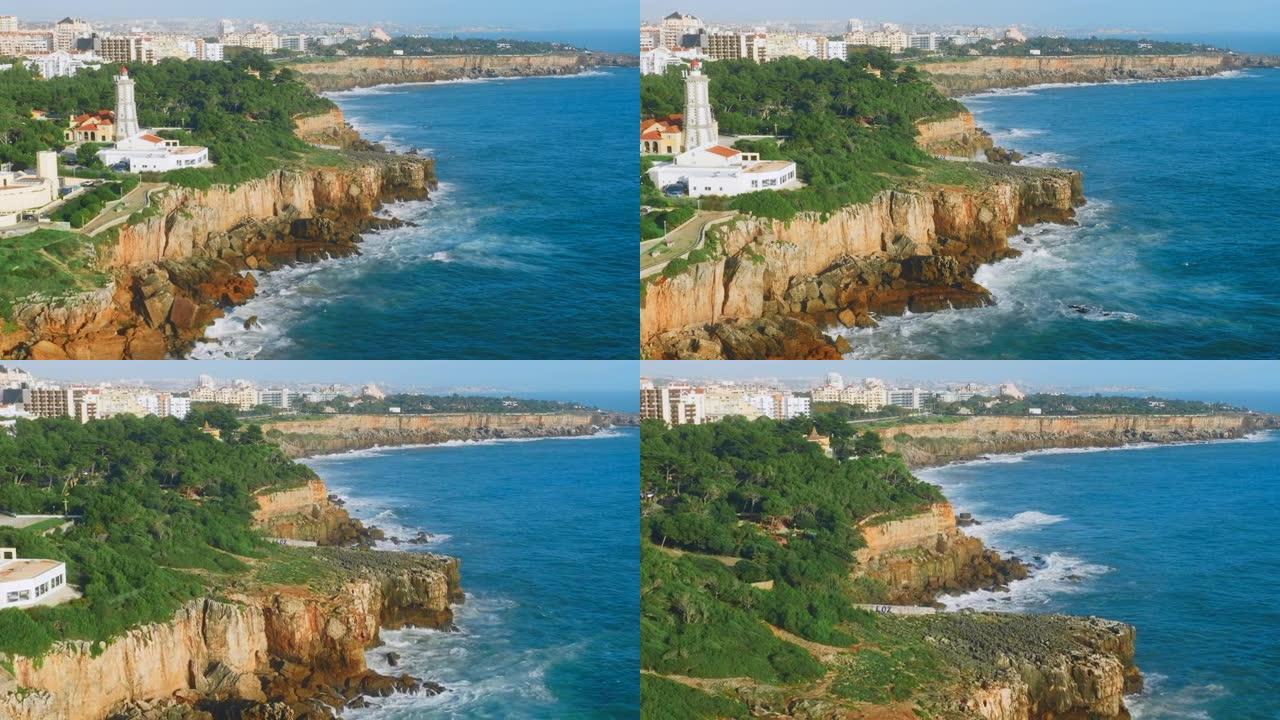 葡萄牙卡斯凯什海洋旁的岩石无人驾驶飞机视图