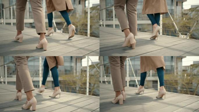 女商人穿着高跟鞋、商业和自信的工作使命一起行走，以实现成功和授权。脚，在户外办公室人行道上穿鞋，并为