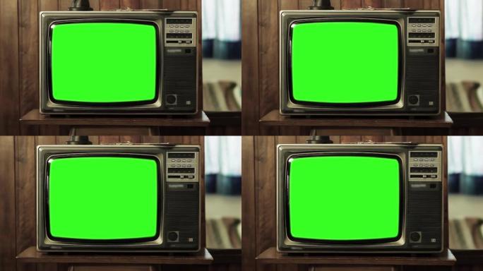 绿色屏幕复古电视机。放大。4k分辨率。