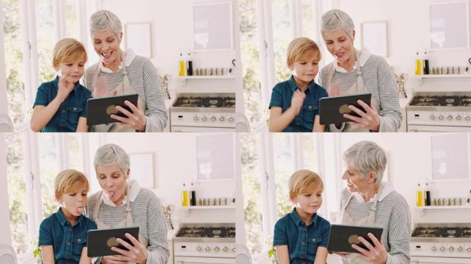 家庭，平板电脑和祖母与孩子一起进行视频通话，以获取优质的时间，联系和在线聊天。与奶奶在厨房里的交流，