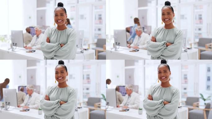 在管理，领导和远见的办公室里，女商人的快乐，微笑和脸。专业、高管和未来，在数字机构中描绘黑人女性的心