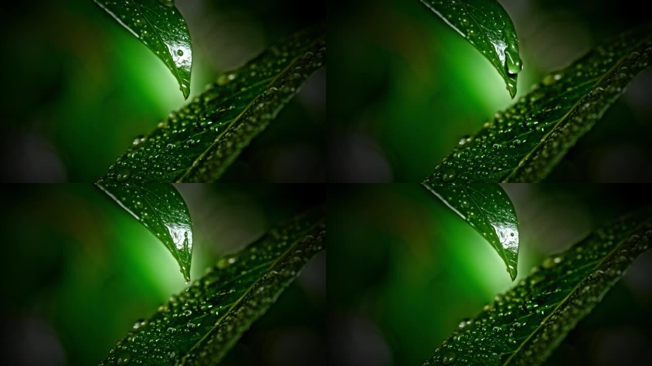 铜水滴落绿叶下雨素材收取露水
