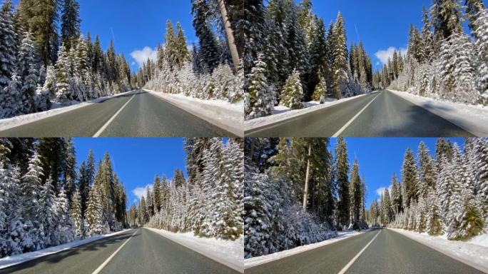 在阳光明媚的日子里，冬天在积雪覆盖的森林的空旷道路上行驶