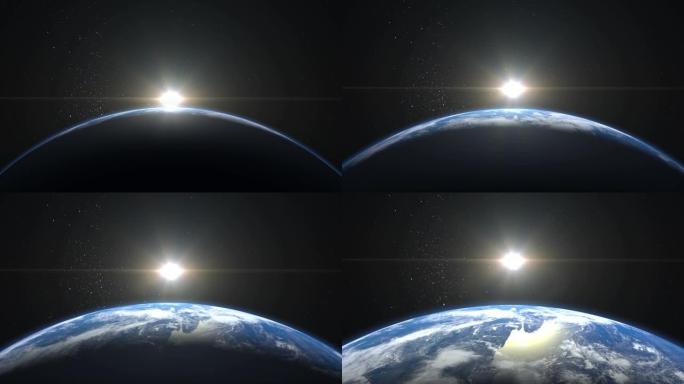 地球上空的日出。从太空看。地球向太阳旋转。照相机飞向地球。现实的氛围。体积云。星空。4K. 3d渲染