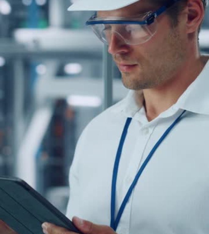 在汽车装配厂使用平板电脑的安全护目镜和安全帽的男性工程师的垂直肖像。在技术工厂从事车辆生产的工业专家