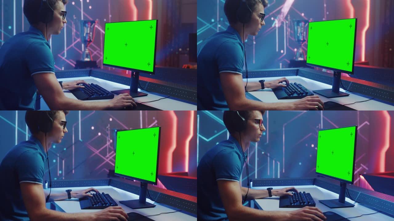 在电子游戏锦标赛上，专业电子竞技游戏玩家在绿色色度键屏幕个人计算机上玩。在线直播网络游戏锦标赛时尚复