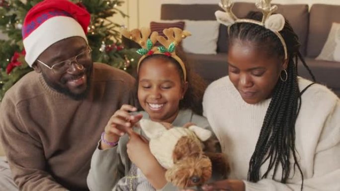 圣诞节时与狗一起快乐的非裔美国人家庭