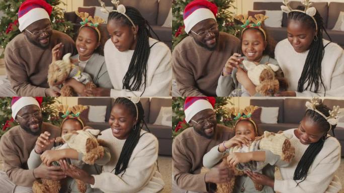 圣诞节时与狗一起快乐的非裔美国人家庭