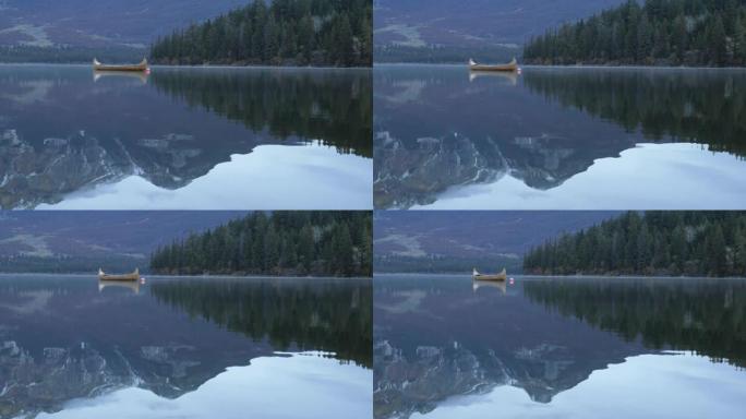 加拿大落基山脉的镜湖和当地的独木舟，贾斯珀国家公园