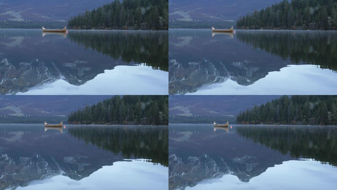 加拿大落基山脉的镜湖和当地的独木舟，贾斯珀国家公园