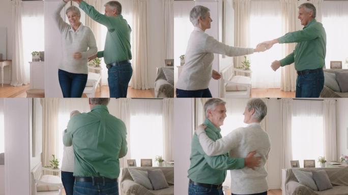 快乐的成熟夫妇在家跳舞，一起享受浪漫的舞蹈，庆祝关系里程碑，和平退休4k