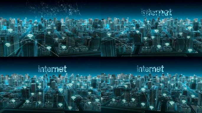 智能城市上的各种智能传感器图标，连接 “互联网” 物联网技术。蓝色x射线鸟瞰图。4k动画。
