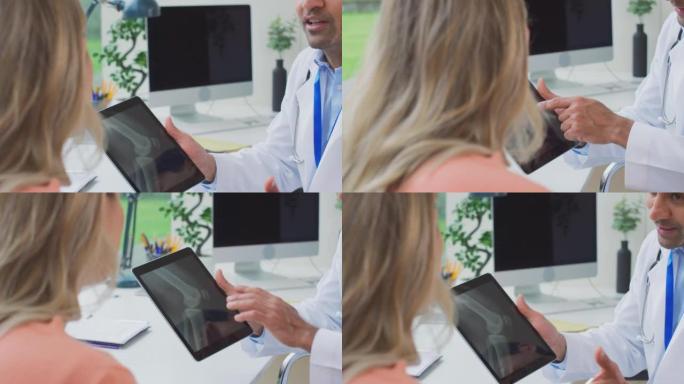 医生在办公室穿着白大褂，成熟的女性患者在慢动作中看着医学x射线或数字平板电脑扫描