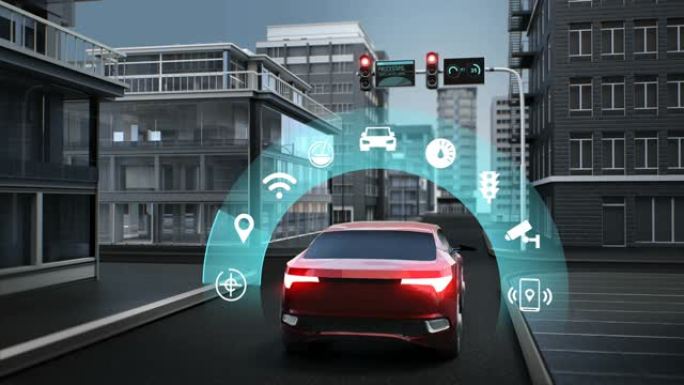 物联网汽车连接交通信息选择应用图标、控制系统、无人车自动驾驶物联网。4k动画。