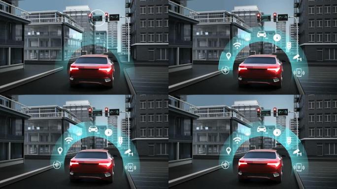 物联网汽车连接交通信息选择应用图标、控制系统、无人车自动驾驶物联网。4k动画。