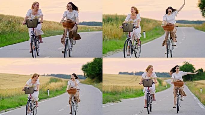 慢动作女性朋友喜欢在乡间小路骑自行车