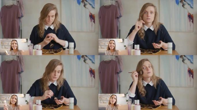 女人在视频通话中化妆的分屏