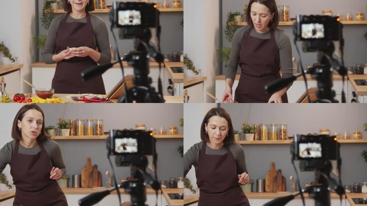 女性烹饪博主拍摄视频食谱